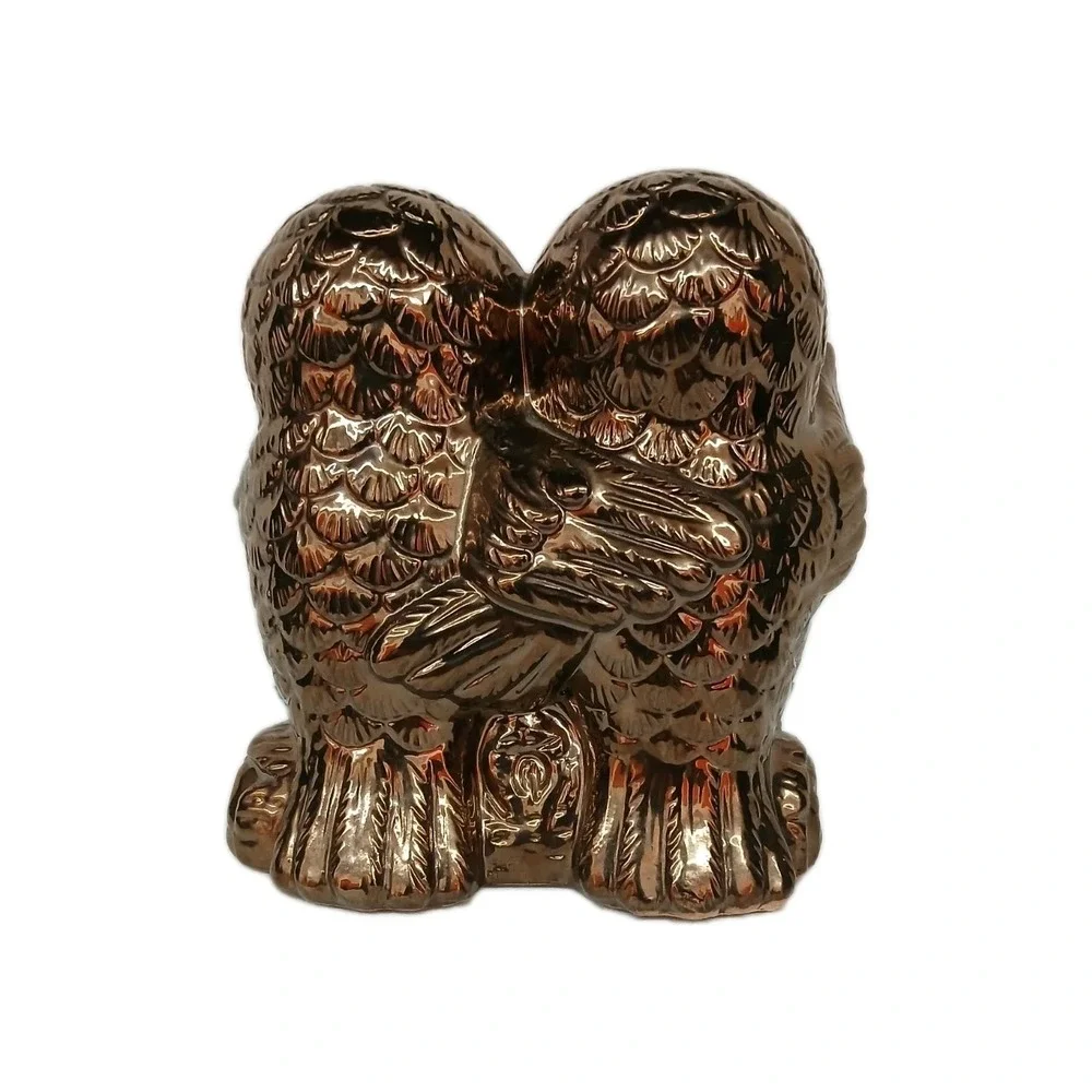 1950s Vintage Owls on a log Shelf Sitter Bronze Color Art MCM Ceramic 9.5 #107B5